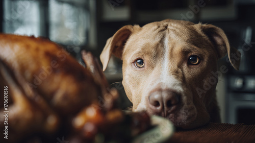 A tan pit bull looking intently at a roasted turkey on a table with a dark background in soft lighting