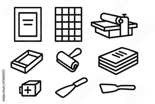 Letterpress Icon Collection. Line style icons of Letterpress: Printed Card, Type Case, Proof Press, Composing Stick, Ink Roller,