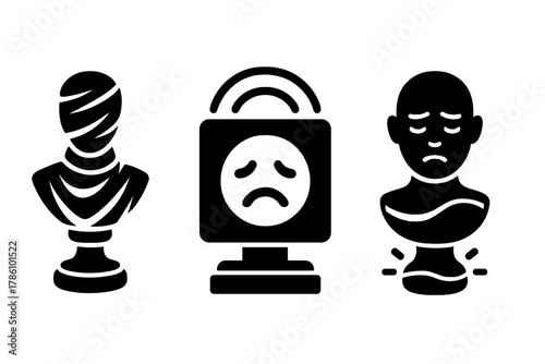 Hybrid Emotional Sculptures. Solid style icons of hybrid emotional sculptures: canvas-wrapped statue, 3D mood face slab,