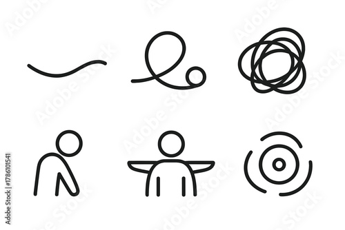 Emotional Motion Icons. Line style icons of emotional expression in motion: calm swing curve, joyful loop rise, chaotic rotor
