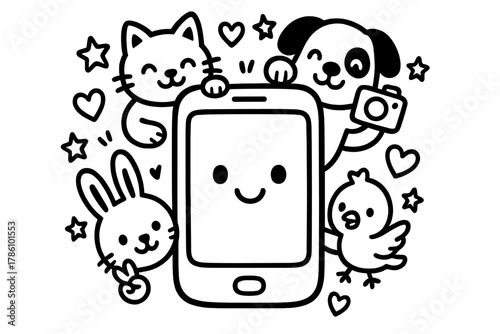 Smiling Smartphone Fun. Cute smartphone with smiling screen surrounded by hearts, stars, and playful animals taking selfies, black