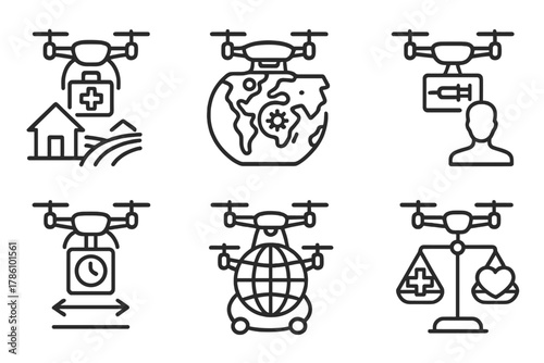 Drone Health Innovations. Line style icons of drone contribution to global health: rural aid symbol, pandemic response map, remote