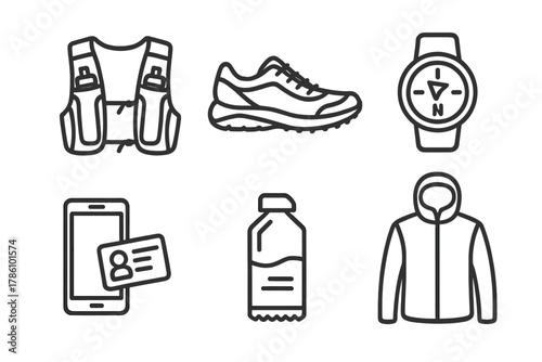 Trail Running Essentials. Line style icons of minimalist trail running essentials: pack with soft flasks, one pair shoes, GPS
