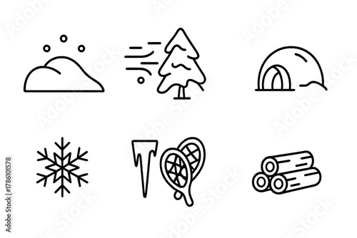 Winter Blizzard Icons. Line style icons of Winter Blizzard: Snowdrift, Whiteout, Frozen Tree, Shelter, Snowflake, Icicle,