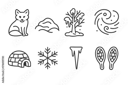 Blizzard Wildlife Icons. Line style icons of Blizzard Wildlife: Arctic Fox, Snowdrift, Frozen Tree, Whiteout, Shelter, Snowflake,