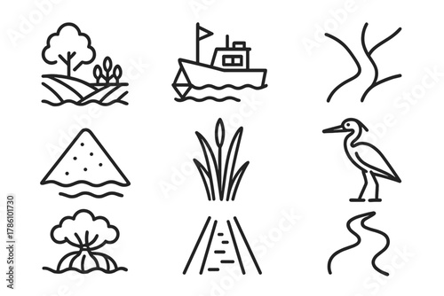 Delta Iconography. Line style icons of Delta: Fertile Land, Fishing Boat, Distributary, Sediment, Reed, Heron, Mangrove, Water