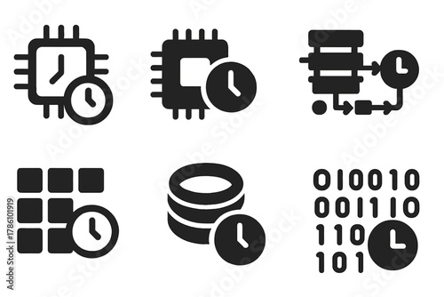 Temporal Computing Icons. Solid style icons of temporal computing: clock-integrated CPU, time-aware processor, temporal algorithm