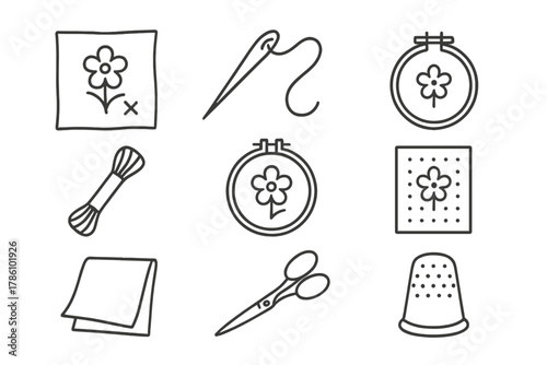 Embroidery Tools Icons. Line style icons of Embroidery: Sampler, Needle, Hoop, Floss, Pattern, Embroidery Scissors, Fabric,