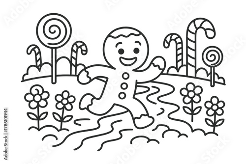 Gingerbread Man Escapade. Funny gingerbread man running through a candy forest with chocolate rivers and candy flowers, black and