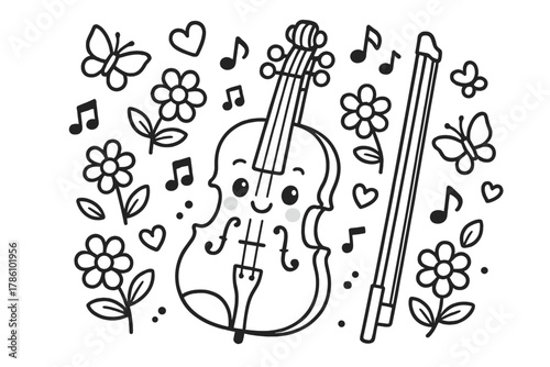 Melodic Nature. Cute violin with a bow surrounded by flowers, butterflies, and musical hearts flying in the air, black and white