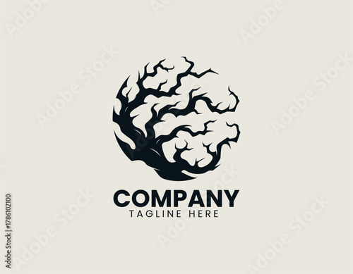 Barren twisted tree silhouette vector logo illustration with intricate roots and winding branches. Nature and strength concept