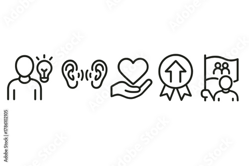 Servant Leadership Icons. Line style icons of servant leadership actions: servant with light icon, listening ears symbol, empathy