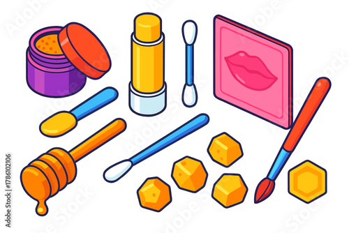Vibrant Skincare Essentials. Isometric vector illustration set Skincare routine – lip scrub pot, lip balm tube, lip mask sachet;