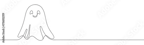 Continuous one line drawing of a cute ghost. Spooky season and supernatural