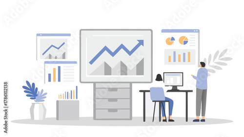 Business analytics and data visualization concept with people working on charts and graphs on computer screens