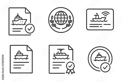 Ship Certification Icons. Line style icons of ship certification and legal status: autonomous operation permit, international