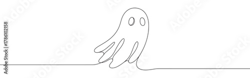 Continuous one line drawing of a cute ghost. Spooky season and supernatural