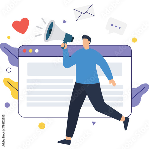 Man with megaphone announces marketing campaign online  flat illustration