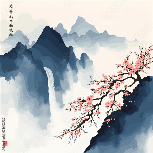 Minimalist blue ink landscape with misty mountains, waterfall, and sakura blossom. Traditional oriental ink painting sumi-e, u-sin, go-hua. Translation of hieroglyph - zen.