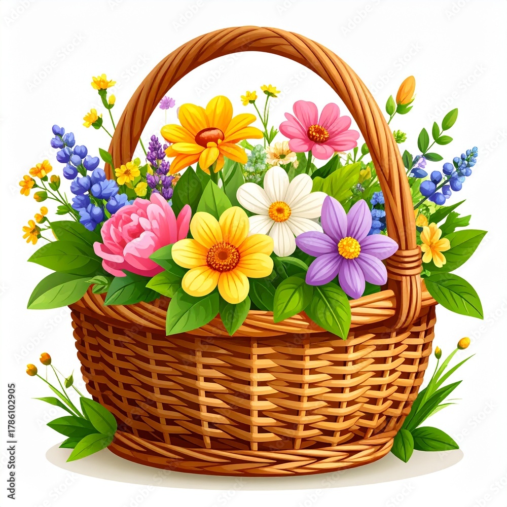Obraz premium Colorful Flower Basket Illustration with Spring Blooms.