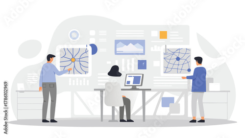 Team of professionals collaborating on data analysis and strategic planning in a modern office environment with interactive displays