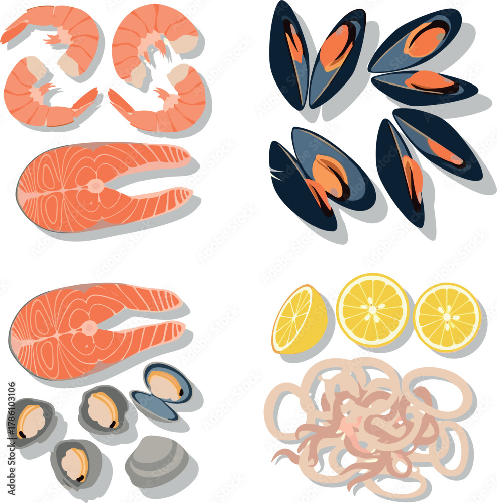 Obraz premium Assorted Seafood Ingredients and Lemon Slices, Flat Design