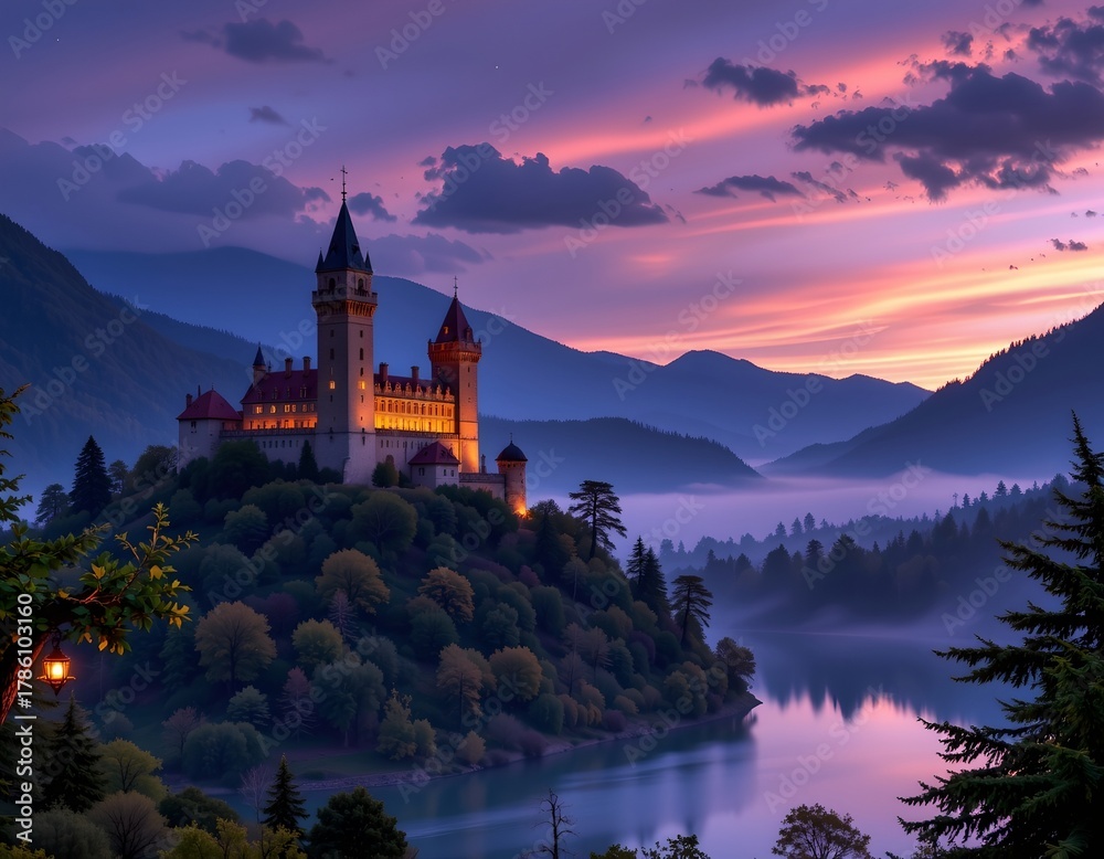 Fototapeta premium Medieval Fortress Sunset Over Misty Green