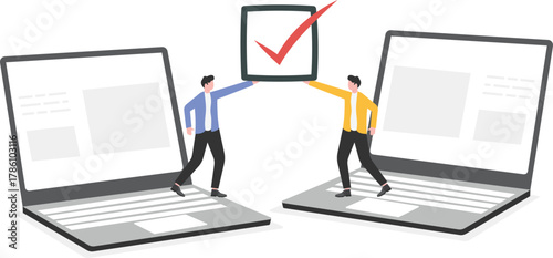 Remote working, work inspection through online video conference concept. Businesswoman handing checkbox to businessman to tick checkmark from appearing on laptop computers.

