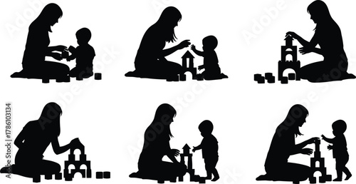 Mother and child playing together with building blocks, family bonding, early education, creative learning, home activity, parenting love, childhood development, care