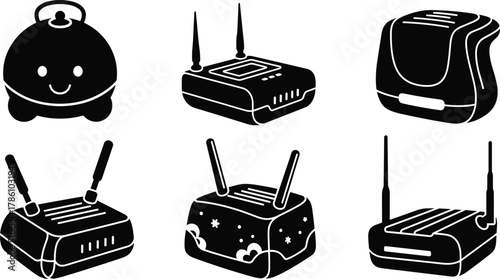 Modern WiFi router vector set, wireless internet device icons, black silhouette network equipment design, digital communication technology illustration collection