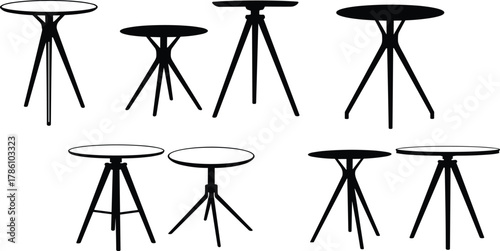 Modern round tripod tables silhouette collection, minimalist furniture design vector illustration, black and white isolated shapes, contemporary home decor, interior concept
