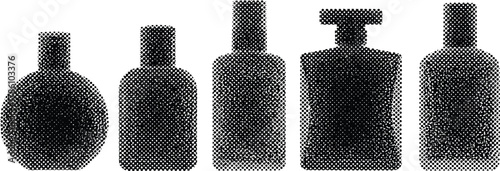 Modern perfume bottles silhouette, halftone dot art design, elegant cosmetic containers, minimalist black and white illustration, beauty fragrance packaging concept
