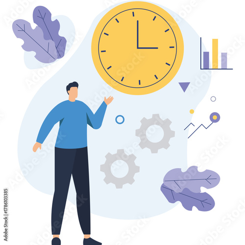 Man presenting business growth with clock deadline concept  flat illustration