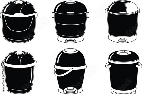 Modern kitchen appliances, smart rice cookers, home electronics, kitchen gadget collection, cooking devices, household equipment, minimal design, futuristic style illustration