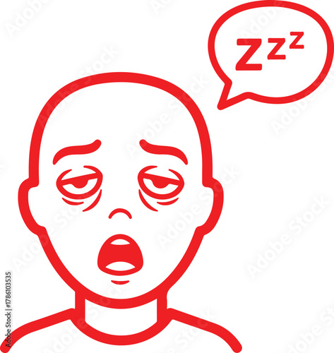 A red line art illustration of a sleepy person with tired, baggy eyes and a Zzz speech bubble.