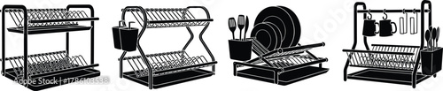 Modern kitchen dish rack set, stainless steel drying rack collection, utensil holder organizer, clean kitchen tools storage, minimalist design illustration