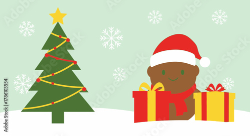 Cute cartoon gingerbread man wearing a santa hat and scarf with christmas gifts and decorated tree in snowy winter landscape