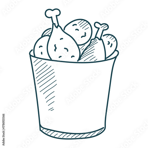 Fried drumsticks in a bucket doodle icon vector isolated. Hand-drawn illustration of chicken legs. Fast food, delicious meal. Crispy chicken meat.