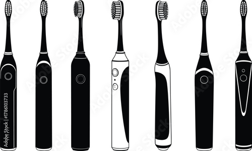 Modern electric toothbrush collection, black and white minimalist dental care design, rechargeable oral hygiene device illustration, 3D brush concept art