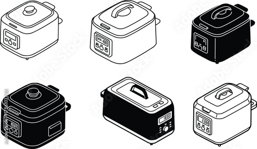 Modern electric rice cooker vector set, black and white kitchen appliance illustration with digital display, household cooking equipment design
