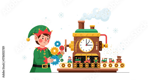A cheerful christmas elf works diligently at a toy factory assembly line creating festive holiday toys with gears and a clock