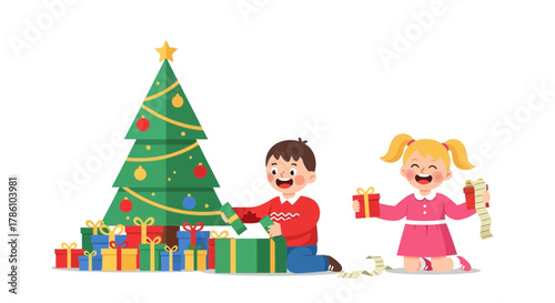 Joyful children excitedly opening christmas presents around a decorated tree on a white background