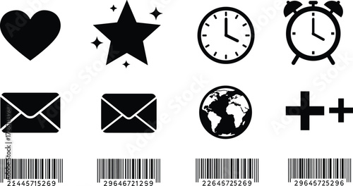 Minimal black icon set with heart, star, clock, globe, barcode, and envelope symbols for business and communication design