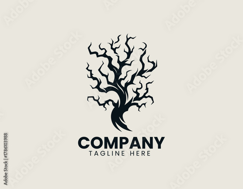 Barren twisted tree silhouette vector logo illustration with intricate roots and winding branches. Nature and strength concept