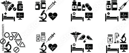 Medical and healthcare vector icon set with syringe, microscope, pills, heart monitor, and hospital bed illustration for design
