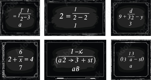 Mathematics blackboard formula icon set, algebra and calculus equations on chalkboard, education and learning concept, vector illustration design