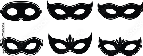 Masquerade mask silhouette collection, carnival party disguise design, elegant festival costume accessory, mysterious fashion face mask vector illustration