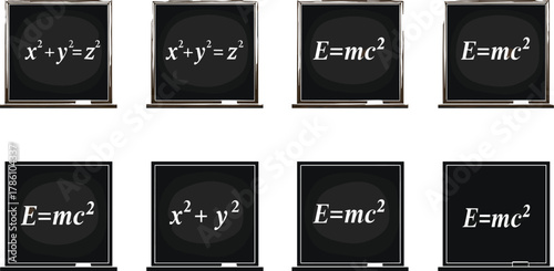 Mathematics and physics blackboard icon set, classroom chalkboard with formulas, algebra and science education concept, learning illustration vector