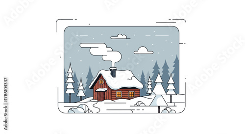 Cozy wooden cabin nestled in a snowy forest with smoke billowing from the chimney on a winter day