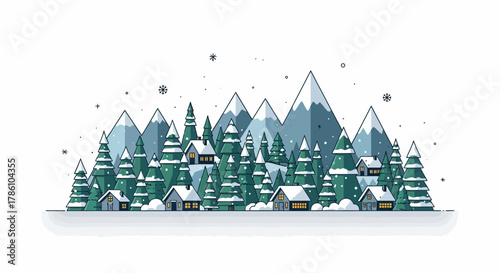 Charming winter landscape illustration featuring snow covered evergreen trees and cozy houses nestled against majestic mountains with falling snowflakes
